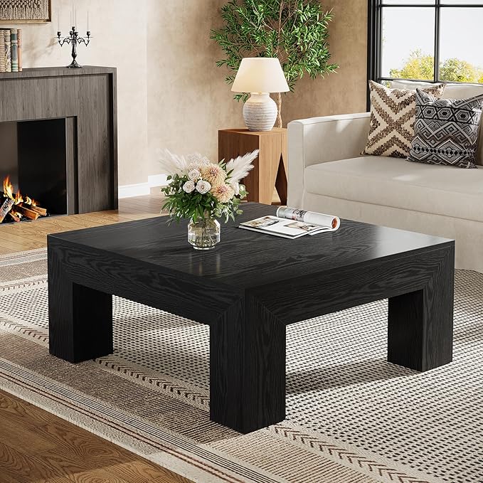 Tribesigns 39.4-Inch Square Coffee Table for Living Room, Farmhouse All MDF Accent Center Cocktail Table with Sturdy Wooden Legs, Easy Assembly, Black-Ruum Studio Home