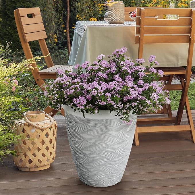 Worth Garden 2-Pack 16" Large Round Planter - Weave Pattern Lightweight Plastic Plant Pot 16" x 17.5" for Indoor Outdoor Use - Decorative Containers for Front Porch Home Yard Deck Patio - White-Ruum Studio Home