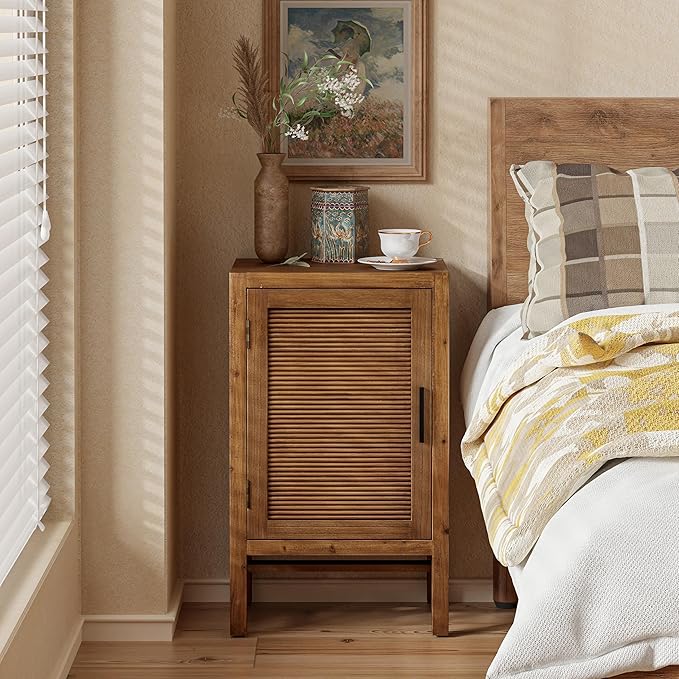 1 Door Farmhouse Nightstand, Rustic Slat Door Cabinet with 2 Shelves, Accent End Table with Storage for Bedroom, Brown-Ruum Studio Home