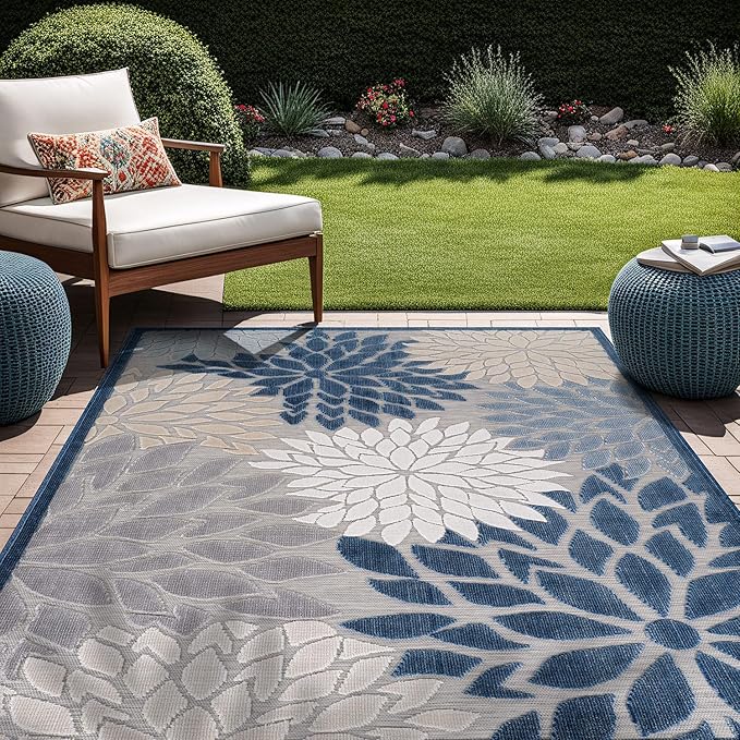 Beverly Rug Outdoor Rug 9x12 Large Modern Floral Tropical Area Rugs for Indoor and Outdoor Patio Easy to Clean Non Shedding Living Room Porch Garden Washable Outside Carpet (9 x 12 Blue)-Ruum Studio Home