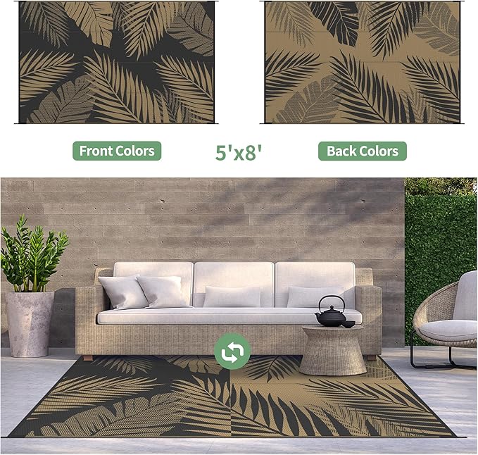 GENIMO Outdoor Rug 5' x 8' Waterproof for Patios Clearance, Reversible Outdoor Plastic Straw Camping Rug Carpet, Large Area Rugs Mats for RV, Picnic, Backyard, Deck, Balcony, Porch, Beach, Black&Brown-Ruum Studio Home