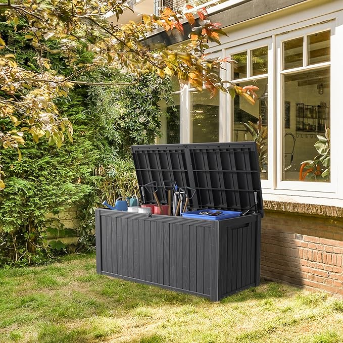 180 Gallon Deck Box Large Outdoor Storage for Patio Furniture,Outdoor Cushions,Garden Tools and Pool Supplies,Waterproof,Resin,Lockable(Black)-Ruum Studio Home