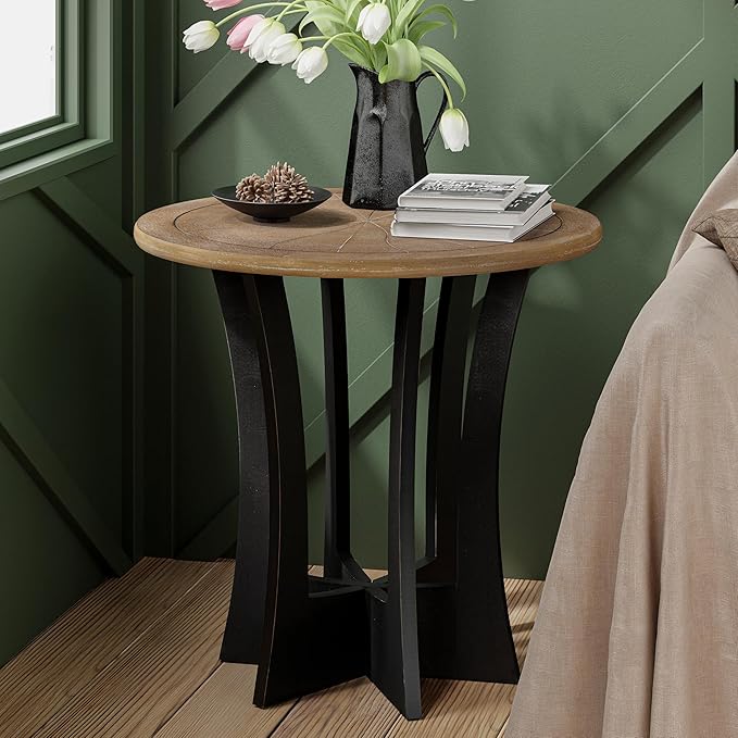 Farmhouse Round End Table with Criss-Cross Wood Legs, Rustic French Country Side Table for Dinning or Living Room, Modern, Black, Natural Wood-Ruum Studio Home