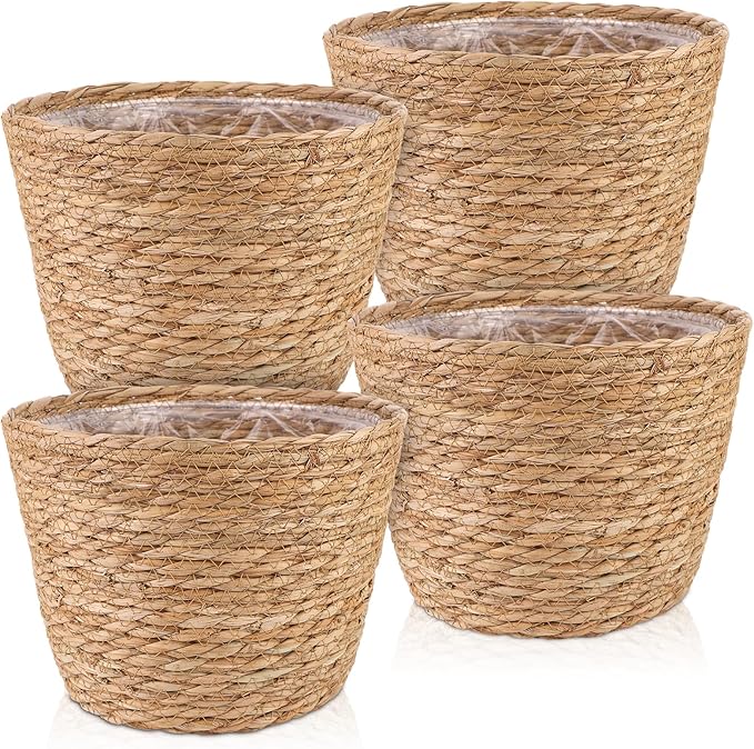 4 Pcs Large Premium Seagrass Planter Basket with Plastic Lining Natural Stylish Planter Baskets Indoor Outdoor Plants Woven Wicker Baskets for Plants Flower Pots Cover and Room Decor(10.2x7.5x7.5")-Ruum Studio Home