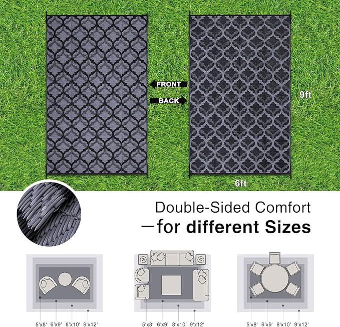 OLANLY Reversible Outdoor Rug 6x9 ft Clearance, Waterproof Outdoor Plastic Straw Rug with Interlacing Pattern, RV Mat for Patio, Camping, Balcony, Deck, Backyard, Black & Grey-Ruum Studio Home