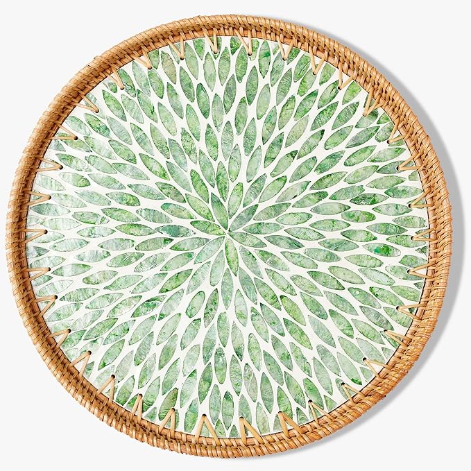 Round Rattan Tray with Mother of Pearl Inlay & Wooden Base - Decorative Wicker Serving Tray for Coffee/Bread/Fruits, Food Storage & Display - Multipurpose Home Decor (L,Green Leaves)-Ruum Studio Home