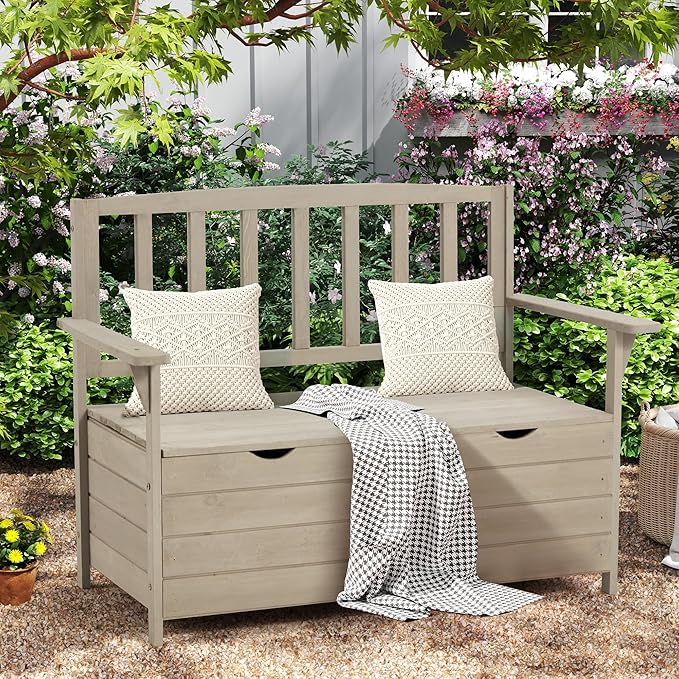 AVAWING Outdoor Storage Bench, Wooden Garden Bench Weatherproof, Patio Benches for Outside, 2-Seat Front Porch Bench, Park Bench for Deck, Lawn, Backyard (Light Gray)-Ruum Studio Home