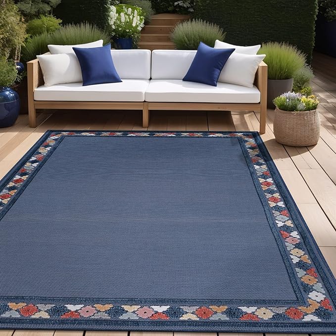 Beverly Rug Outdoor Rug 9x12 Modern Bordered Large Area Rugs for Indoor and Outdoor Patio Easy to Clean Non Shedding Living Room Porch Garden Washable Outside Carpet (9 x 12 Blue)-Ruum Studio Home