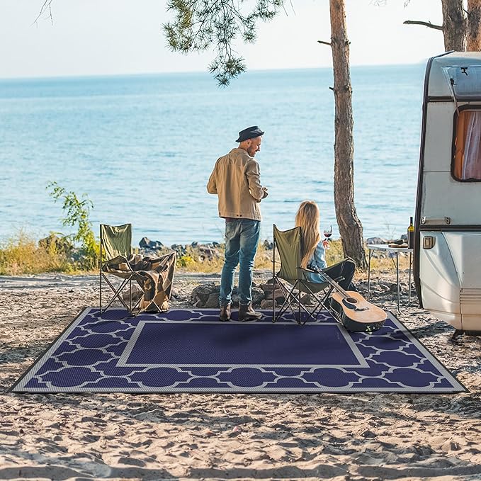 GENIMO Outdoor Rug 9' x 12' Patio Waterproof, Foldable Reversible Plastic Straw Area Rugs Mat for Camper Decor, Outside Carpet for Rv, Deck, Porch, Picnic, Beach, Balcony, Blue & Grey-Ruum Studio Home