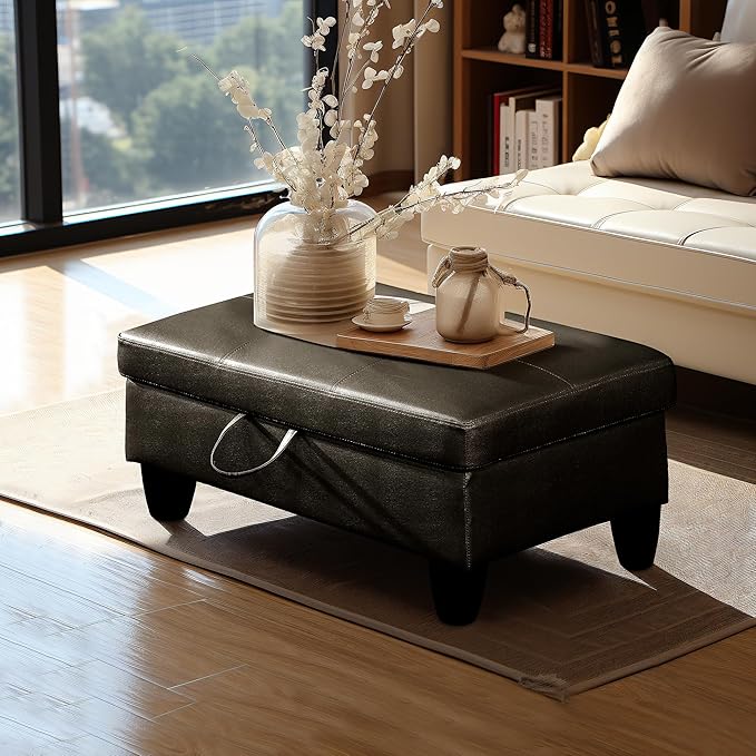 Ottoman Rectangular Storage Ottoman Bench, Faux Leather Footrest, Coffee Table, Stool Footstool with Hinged Lid for Living Room, Bedroom, Entryway, Black, 28.5"x19"x17.5"-Ruum Studio Home