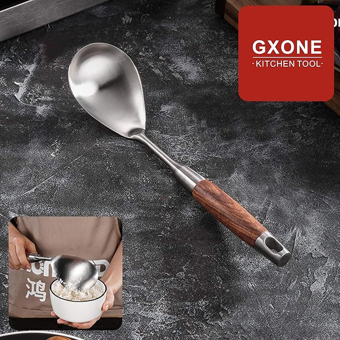 Large Serving Spoons,304 Stainless Steel Cooking Spoon with Heat Resistant Wooden Handle,Silver/12.4Inch-Ruum Studio Home