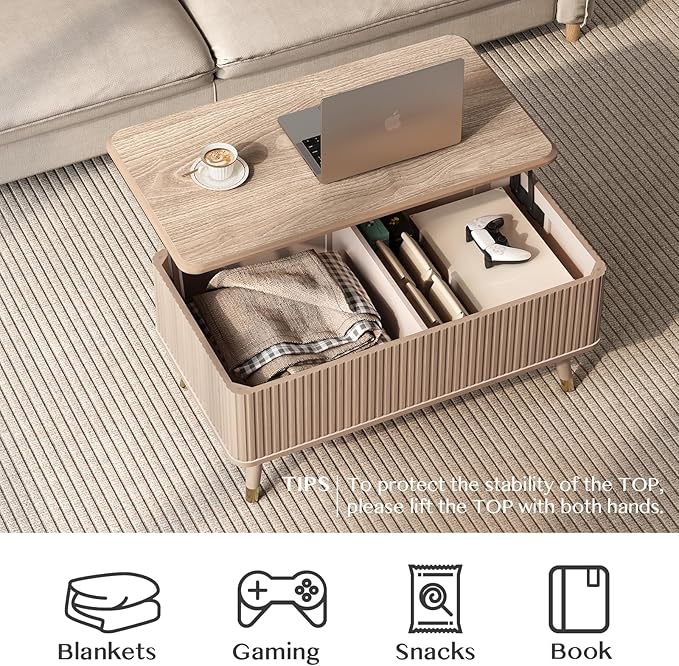 Lift Top Coffee Table with Storage Shelf & Hidden Compartment, Mid Century Modern Fluted Rectangle Dining Table for Living Room, Home Office, Natural Oak-Ruum Studio Home