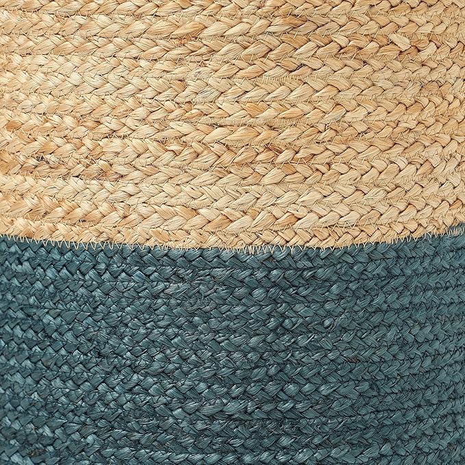 REDEARTH · Cylindrical Pouf Foot Stool Ottoman - Jute Braided Pouffe Poof Accent Sitting Footrest for Living Room, Bedroom, Nursery, Patio, Lounge Set of 2 (Natural Teal, 14.5"x14.5"x16")-Ruum Studio Home