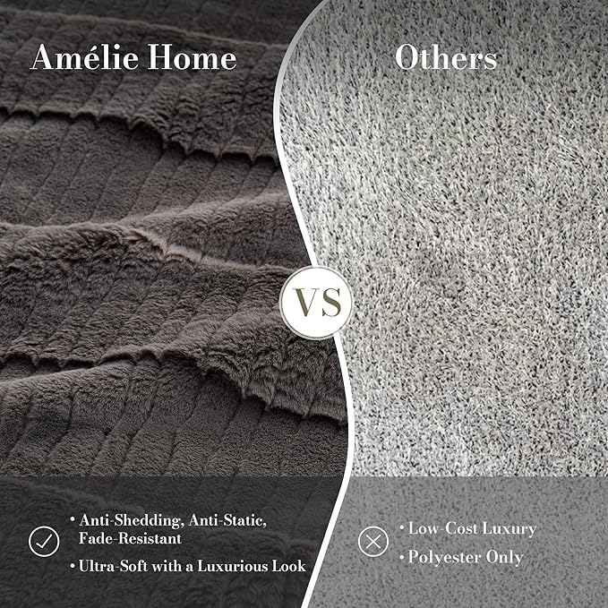 Amélie Home Luxury Striped Faux Fur Throw Blanket for Couch, Embossed Split Fur Cozy Fuzzy Fluffy Luxurious Soft Plush Sofa Chair Bed Gift Blankets for Women Men Wife Friend, 60"x80", Charcoal Gray-Ruum Studio Home
