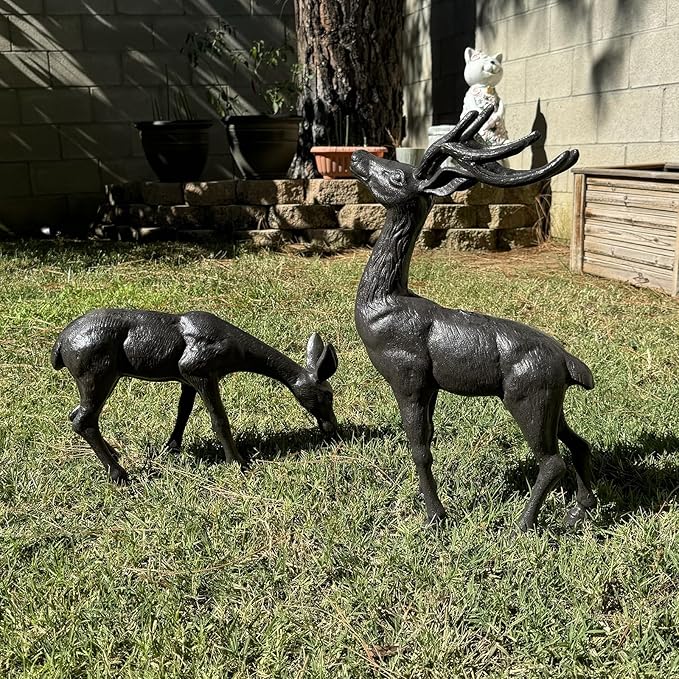 Elegant Pair of Cast Iron Deer Sculptures -22" and 11.4" Tall Male and Female Set for Outdoor Garden Decor, Realistic Animal Statues HC3672-5691-Ruum Studio Home