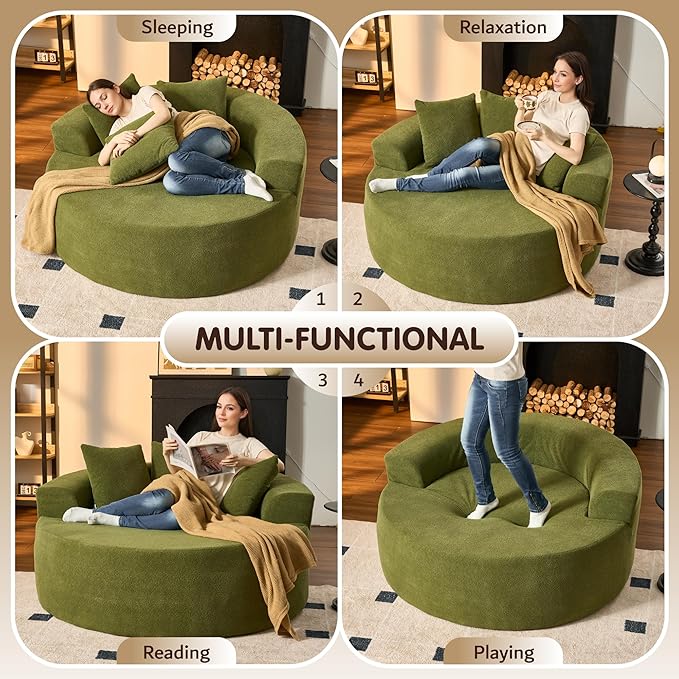 ovios 58" Oversized Round Chair Lounge Chaise Indoor, No Assembly Required, Cloud Large Circle Chair with Plush Fuax Fur, Fluffy Modern Sleeper Sofa Bed for Reading Yoga, Green (Cloud Velvet)-Ruum Studio Home