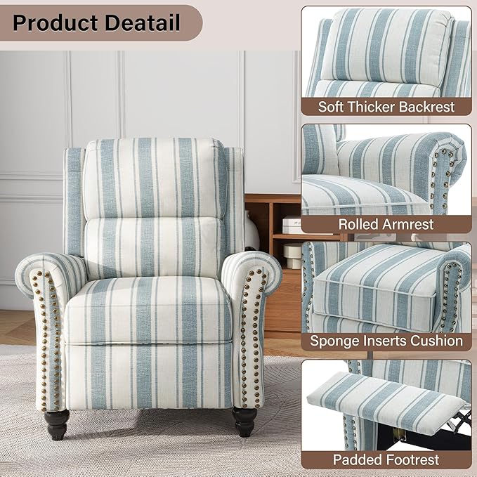 UIXE Pushback Recliner Chairs Set of 2, Fabric Armchair Push Back Accent Chair, Rivet Trim Club Chair Home Theater Overstuffed Single Sofa Reading Seat for Living Room, Stripe Blue-Ruum Studio Home