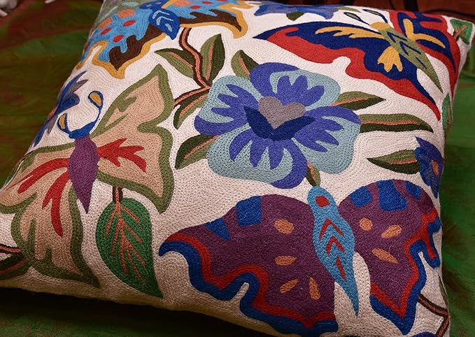 Butterfly Floral Decorative Pillow Cover Moth Botanical Flower Pillowcase Couch Hand Embroidered Flowery Outdoor Cushion Chair Suzani Accent Wool 18x18 Inch-Ruum Studio Home