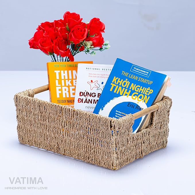 Natural Seagrass Storage Basket with Handle, Rectangular Woven Organizer Bin for Living Room or Shelf, Decorative Storage Basket, Medium Size 13.4 x 9.3 x 4.9 Inches-Ruum Studio Home