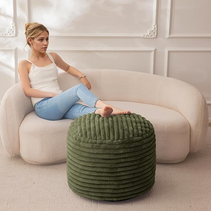HIGOGOGO Round Stuffed Pouf Ottoman, Stripe Faux Fur Poufs with Foam Chunk Filling, Furry and Fluffy Pouf Foot Stool Storage Ottoman, 26 X 18 Floor Poufs Foot Rest for Living Room, Green-Ruum Studio Home