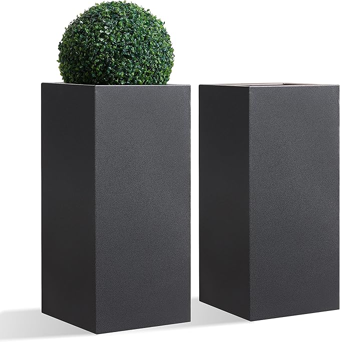 Metallic Heavy Tall Outdoor/Indoor Planter Box, Rectangular, 14Lx14Wx30H Inches, ‎25LBS/PC, Dark Gray, No Assembly Required and Seamless, Set of 2-Ruum Studio Home