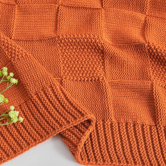 CozeCube Check Knit Throw Blanket, Rust Orange Checkered Throw for Couch, Decorative Christmas Soft Cozy Warm Knitted Blanket for Bed Sofa Living Room, 60"X80"-Ruum Studio Home