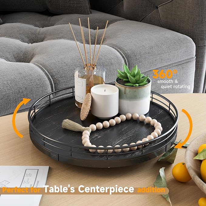 10" Oak Bathroom Vanity Tray Turntable for Perfume Candle, Round Wooden Decorative Tray for Kitchen Sink Countertop Organizer, Bathroom Counter Organizer for Skincare Makeup, Farmhouse Black Gold-Ruum Studio Home