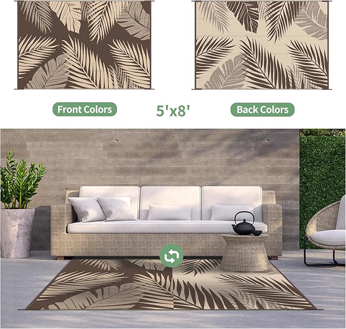 GENIMO Outdoor Rug 5' x 8' Waterproof for Patios Clearance, Reversible Outdoor Plastic Straw Camping Rug Carpet, Large Area Rugs Mats for RV, Camper, Deck, Balcony, Porch, Beach, Picnic, Coffee&Beige-Ruum Studio Home