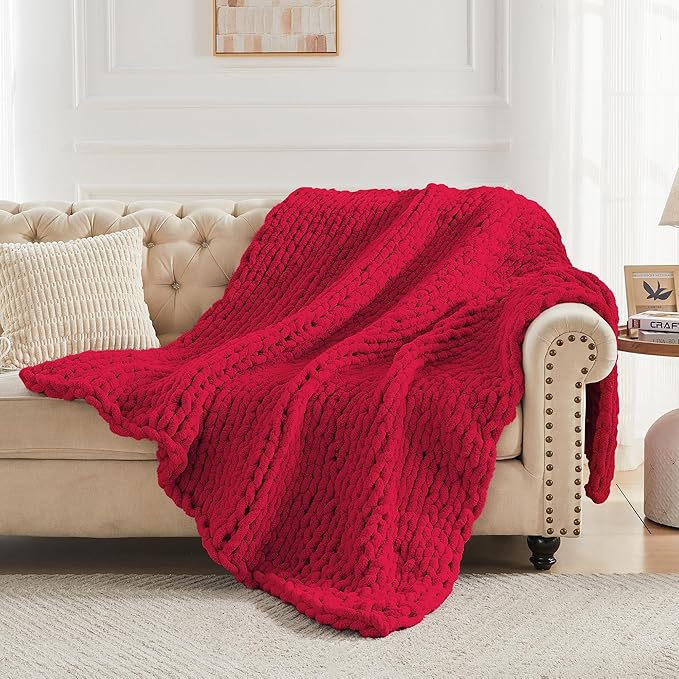 Carriediosa Chunky Knit Throw Blanket 60" X 80" Twin, 100% Hand Made Large Chenille Loop Yarn Soft Fluffy Throws for Couch Sofa Bed, Big Crochet Cozy Heavy Thick Cable Woven Blankets, Red-Ruum Studio Home