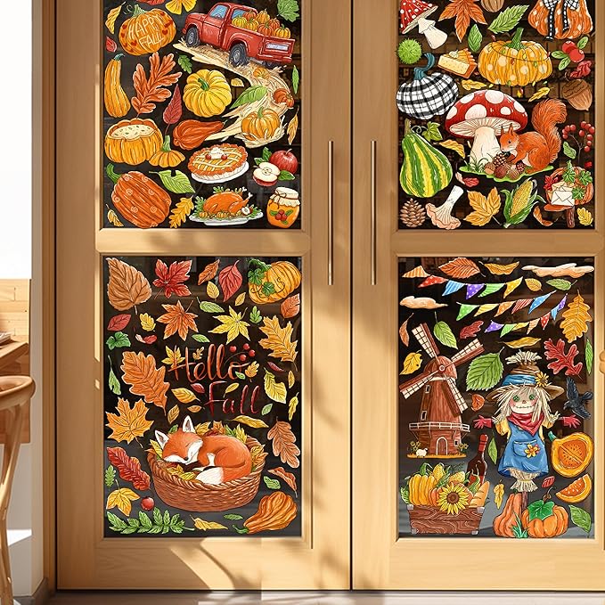 Fall Window Clings Decorations - Leaves Pumpkin Scarecrow Autumn Clings for Glass Windows, Double Sided Reusable Window Stickers, Cute Large Thanksgiving Harvest Window Decals-184 PCS/9 Sheet-Ruum Studio Home
