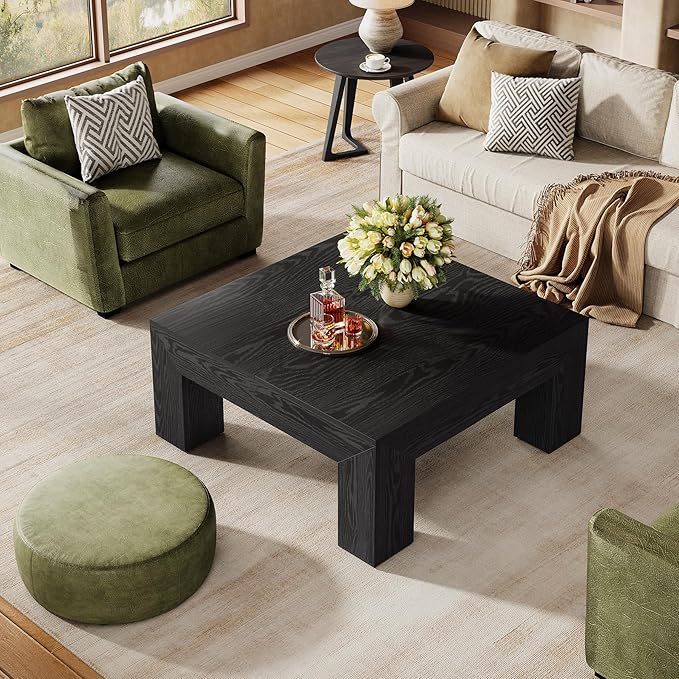 Tribesigns 39.4-Inch Square Coffee Table for Living Room, Farmhouse All MDF Accent Center Cocktail Table with Sturdy Wooden Legs, Easy Assembly, Black-Ruum Studio Home