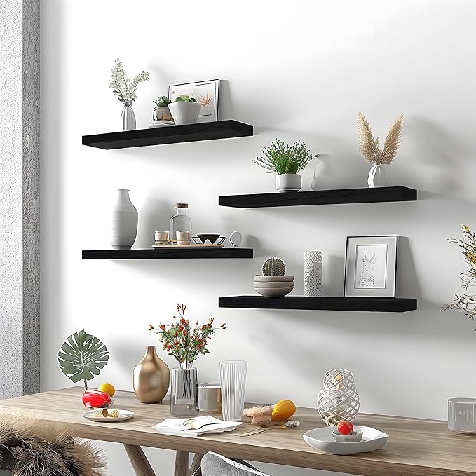 Black Wood Floating Shelves for Wall Rustic Wall Shelves for Bedroom Set of 6-Ruum Studio Home