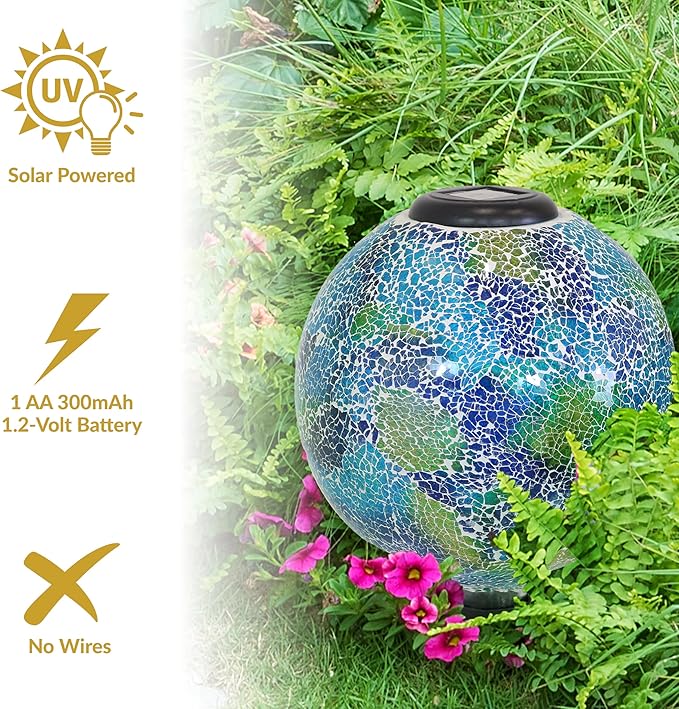 Sunnydaze 10 inch Solar Gazing Ball for Garden - Glass Outdoor Gazing Globe - Crackled Azul Terra-Ruum Studio Home