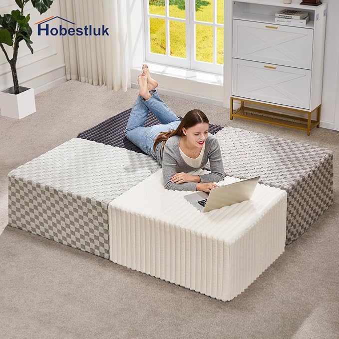 Hobestluk Rectangle Ottoman Memory Foam Footrest for Couch with Removable Cover Large Floor Seating for Adults Ottoman Coffee Table for Living Room, Bedroom or Office (Strip Grey, Footrest)-Ruum Studio Home