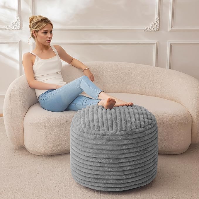 HIGOGOGO Round Stuffed Pouf Ottoman, Stripe Faux Fur Poufs with Foam Chunk Filling, Furry and Fluffy Pouf Foot Stool Storage Ottoman, 26 X 18 Floor Poufs Foot Rest for Living Room, Grey-Ruum Studio Home