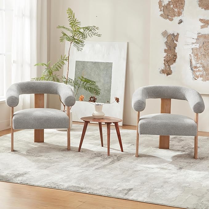 VKNOW Accent Chair Living Room Chair Set of 2, Modern Upholstered Armchair with Solid Wood Legs, Comfy Barrel Arm Chairs for Living Room Bedroom, Light Grey-Ruum Studio Home