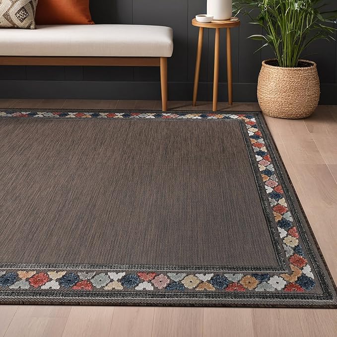 Beverly Rug Outdoor Rug 5x7 Modern Bordered Area Rugs for Indoor and Outdoor Patio Easy to Clean Non Shedding Living Room Porch Garden Washable Outside Carpet (5 x 7 Brown)-Ruum Studio Home