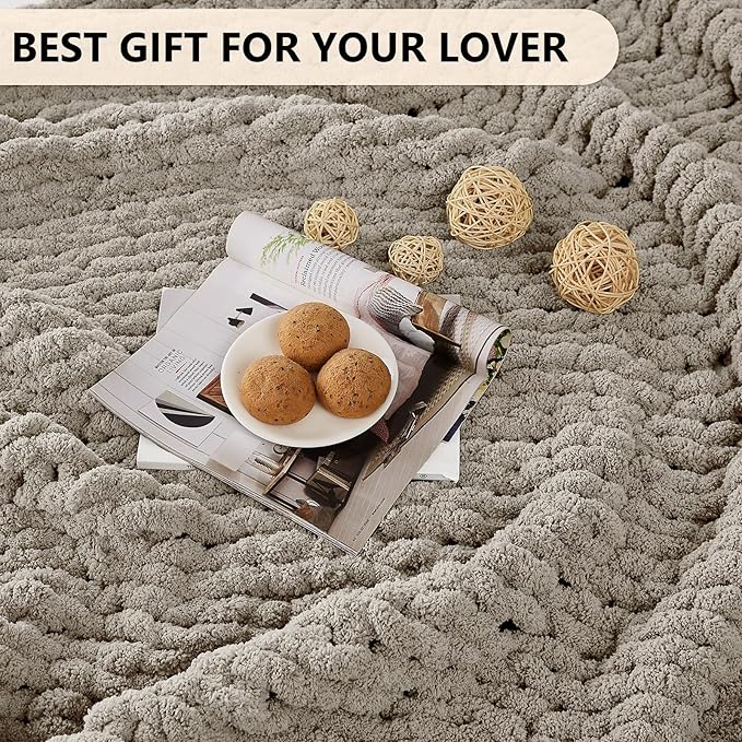 L'AGRATY Chunky Knit Blanket Throw: 50''x60'' Chenille Chunky Knitted Throw Blanket for Bed Couch - Handmade Thick Big Cable Knit Blanket - Large Crochet Rope Blanket for Home Decor(Light Linen)-Ruum Studio Home