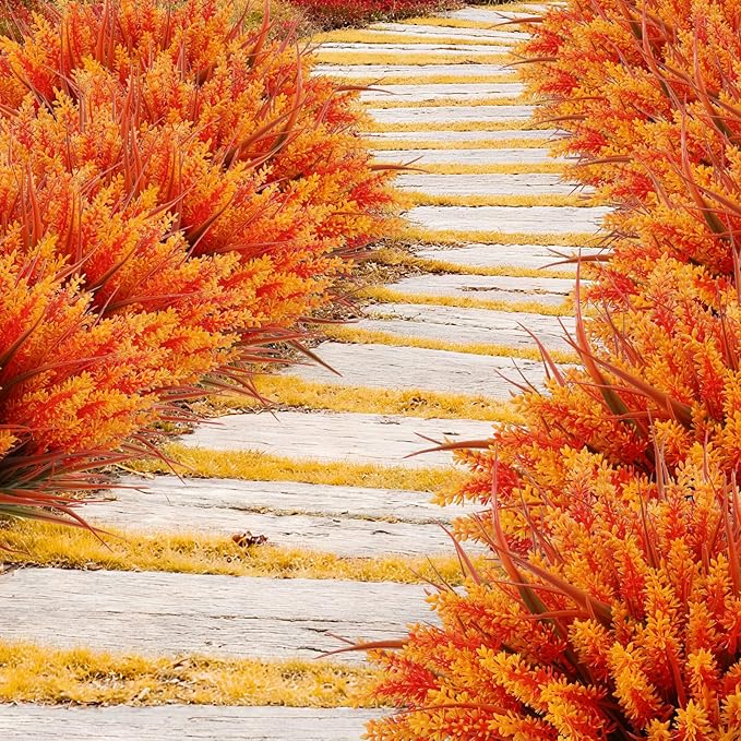 Geegoods 24 Bundles Artificial Fall Flowers Outdoor – Faux Lavender Flowers with Monkey Grass UV Resistant Plastic Faux Plants for Garden Porch Patio Home Decor, Autumn-red Color-Ruum Studio Home
