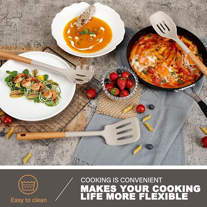 QMVESS Silicone Cooking Utensils Set, Kitchen Utensils Set 7 Pcs with Long Wooden Handle, Food Grade and Heat Resistant Large Silicone Spatula Set for Nonstick Cookware, BPA Free（Khaki）-Ruum Studio Home