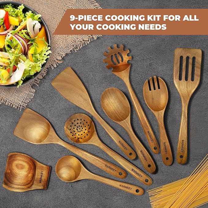 Acacia Wood Kitchen Utensil Set 9PC-Natural Wooden Cooking Tools for Nonstick Pans&Stir Frying,Scratch-Proof&Heat Resistant,Sturdy&Lightweight with Spoon Rest (Kitchen Utensil Set 9PC)-Ruum Studio Home
