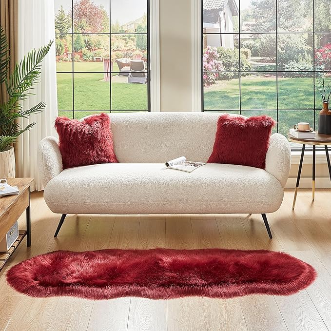 AMTOVO Faux Sheepskin Rug, Burgundy Ultra Soft Fluffy Shag Area Rug, 2 x 6 ft Faux Fur Rug for Bedroom Sofa Throw Cushion Room Decor, Sheepskin-Ruum Studio Home