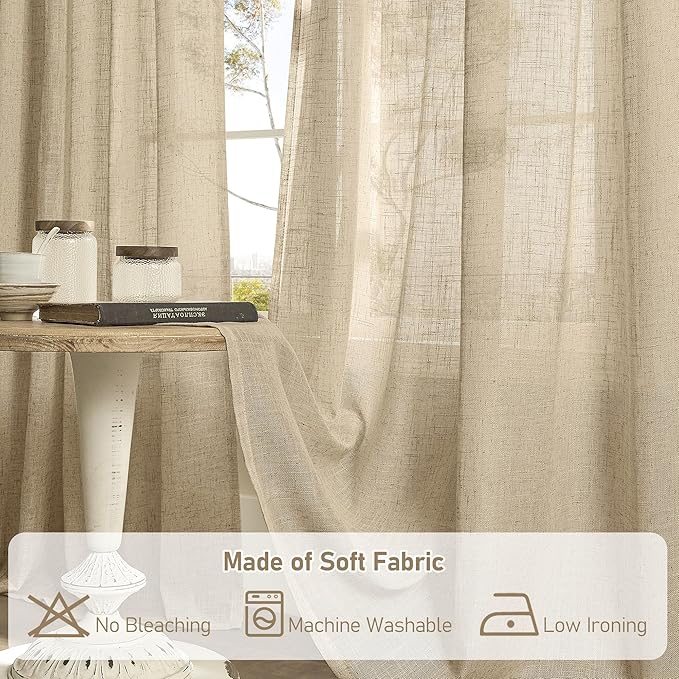 LAMIT Brown Linen Sheer Curtains 95 inch for Living Room 2 Panels, Soft Thick Light Filtering Boho Window Textured Burlap Drapes with Bronze Grommet for Bedroom Farmhouse, 52 x 95 Inch-Ruum Studio Home