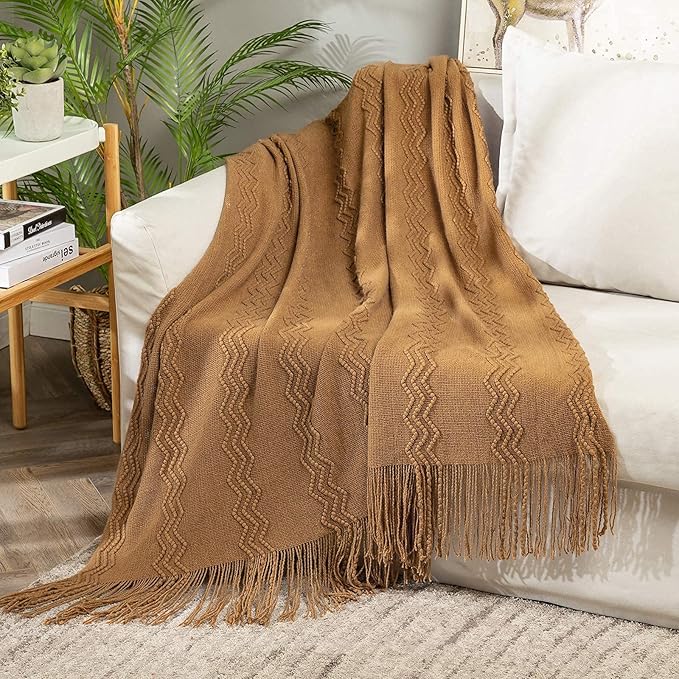 MIULEE Knitted Brown Throw Blanket for Couch,Boho Bed Decor Knit Outdoor Blankets Throw Size with Tassels Cozy Woven for Sofa Home Chair Wave Pattern 50" x 60" Inches-Ruum Studio Home