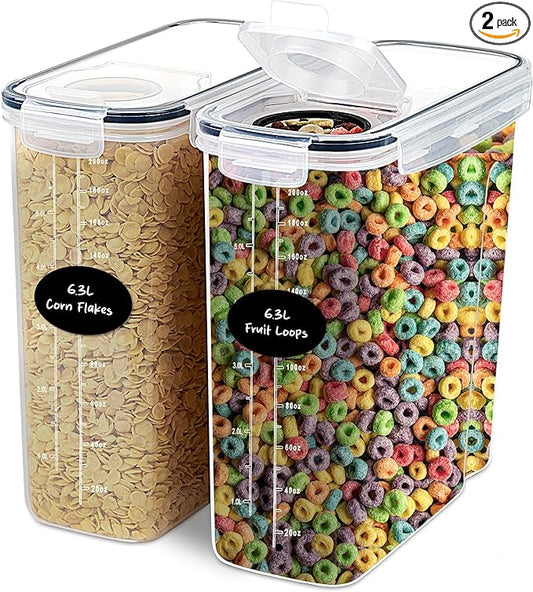 DWËLLZA KITCHEN Extra Large Cereal Containers Storage 6.3L - 213 fl. oz - 2 Pc Family Size Cereal Dispenser Countertop, Bulk Airtight Food Storage Containers for Pantry Organization Labels and Marker-Ruum Studio Home