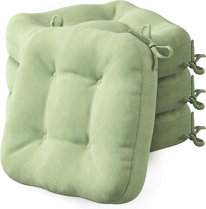 Codi Dining Chair Cushions 4 Pack, Thick Chairs Pads for Indoor Kitchen Room - Washable, Non-Slip Memory Foam Seat Cushion with Ties, 16.5"x16.5"x 3.5", Set of 4, Sage-Ruum Studio Home