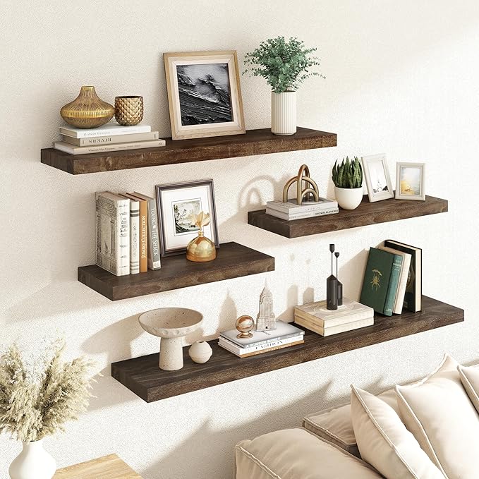 RICHFOCUS Elm Floating Shelves for Wall - 40" W x 9.3" D Rustic Solid Wood Shelves with Invisible Bracket, Wall-Mounted for Living Room, Bedroom, Kitchen Storage & Display, Set of 2, Walnut-Ruum Studio Home