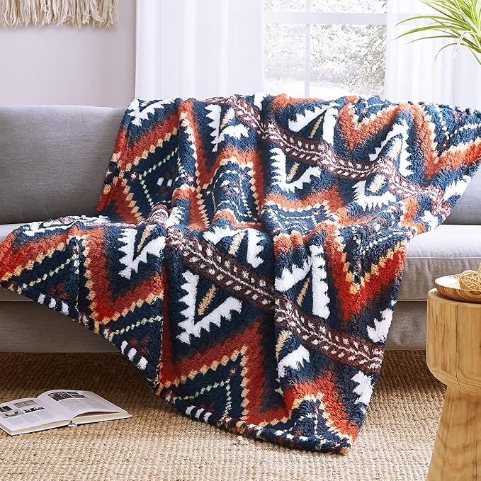 CASAAGUSTO Boho Sherpa Throw Blanket, Aztec Throw, Ultra Soft, Warm, Cozy, Plush, Thick Fleece Bohemian Throw Blanket for Couch, Bed, Sofa (Navy Blue 50 * 60 Inch)-Ruum Studio Home