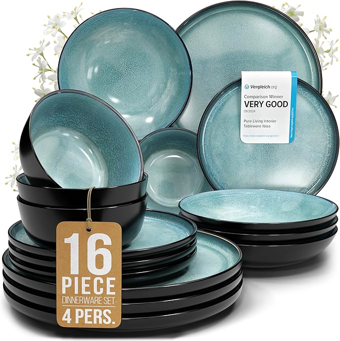 16 Piece Dinnerware Sets for 4 - Modern Style Stoneware Dinnerware Set - Scratch Resistant, Dishwasher Safe Plates and Bowls Sets Ceramic, Dish Set, Bowl and Plate Set - Black and Petrol Blue…-Ruum Studio Home