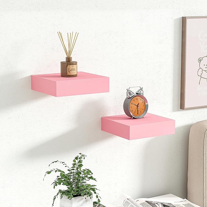 BAMEOS Pink Floating Shelves for Wall, 6" x 6" Wall Shelves for Room, Floating Book Shelves, Hanging Shelves for Bedroom, Bedroom, Living Room, Kitchen (Set of 2)-Ruum Studio Home